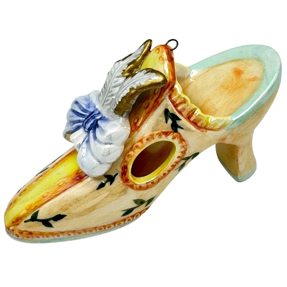 Porcelain Ladies Mule Slide Shoe Ornament Gold Accents Floral Design Vtg